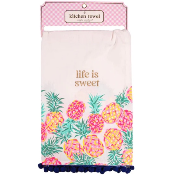 NWT Simply Southern Sweet Pineapple Embroidered Kitchen Tea Towel Pink Yellow - Picture 9 of 9